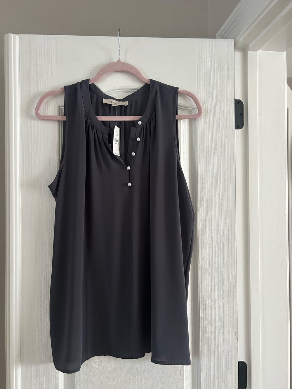 LOFT Black Sleeveless Tank with Pearl Accent Buttons